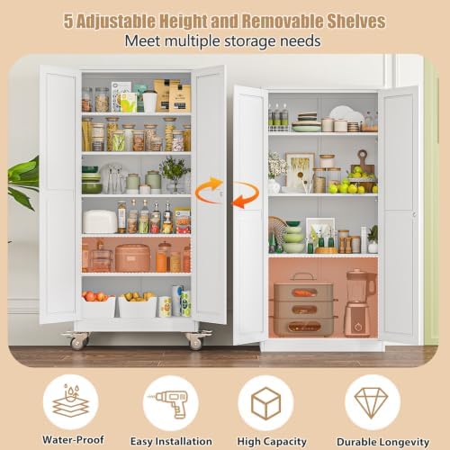 75" H Metal Pantry Storage Locker Cabinet with Wheels,Rolling Kitchen Pantry Cabinet with 2 Doors and 5 Adjustable Shelves, Lockable Steel Garage Tool Cabinet Organization for Home,Gym,School,White