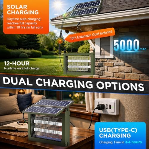 Bug Zapper Indoor Outdoor, Dual Solar Panels, 5000mAh Battery, Auto On/Off