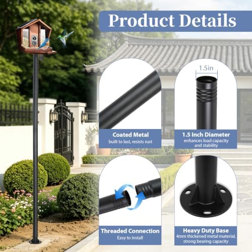 Bird Feeder Pole Heavy Duty 78" Tall, Rustproof Metal Birdhouse Pole with Concrete Flange Base, Tool-Free Threaded Assembly & Adjustable Height 32"-78" for Outdoor Birdhouse or Feeder