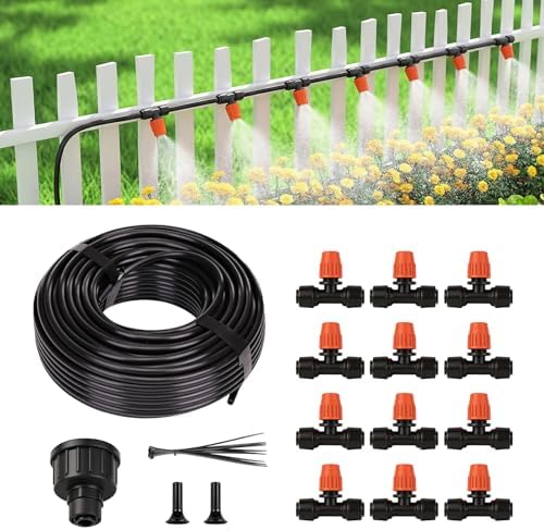 50FT Drip Irrigation Kit, Quick Connect Garden Watering System, Easy Install Drip Irrigation System with Misting Nozzles for Patio, Potted Plants, Small Garden & Greenhouse