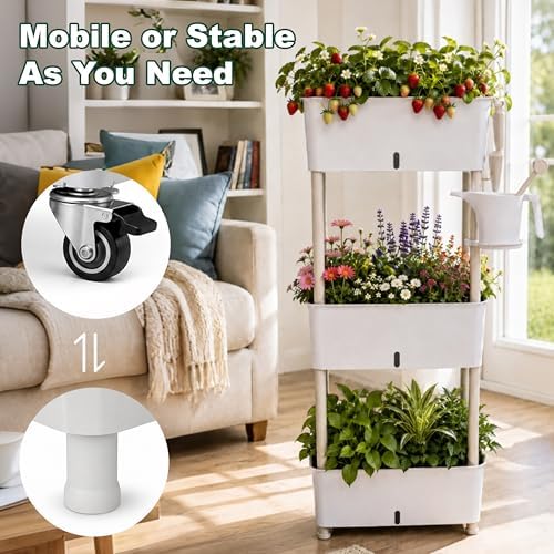 3-Tier 46.7"H Rolling Raised Garden Bed with Wheels, Self Watering Planter Box with Visible Water Level, Gray Rustproof Plastic Herb & Strawberry Planter for Indoor Outdoor Vegetables Flowers, DIY Kit
