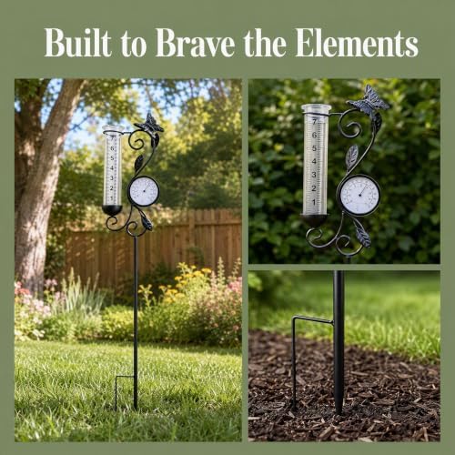 Rain Gauge Outdoor with Thermometer, Butterfly Metal Garden Stake
