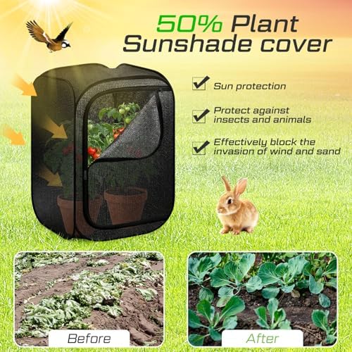 SATINIOR 2 Pack 70% Garden Plant Shade Tent UV Resistant Pop up Plant Protector Sun Shade Netting with Zipper Outdoor Insect Barrier Mesh Guard Cover from Animals Bird(Cage Style,23.6"x23.6"x35.4")