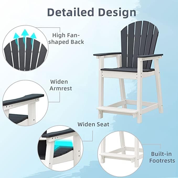 OTSUN Outdoor Tall Adirondack Chairs Set of 4, Patio Bar Stool Chair with High Back, 400lbs, Widened Arms, All-Weather Balcony Chair for Backyard, Garden, Yard （4PCS, White & Grey）
