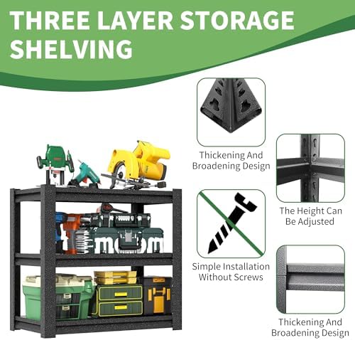 Garage Shelving, Garage Adjustable Storage Shelves 3 Tier Storage Shelves, Heavy Duty Shelving, 31.5" H*23.6" W*15.7" D,Black