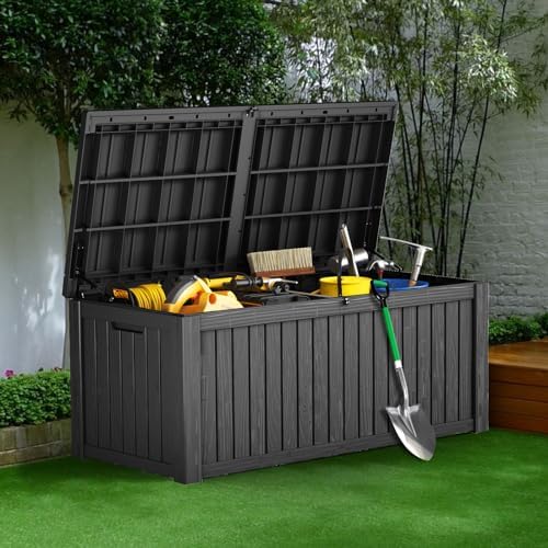 180 Gallon Lockable Resin Outdoor Storage Box, Waterproof & Weather Resistant Deck Box for Patio Cushion, Garden Tools & Pool Accessories, Black