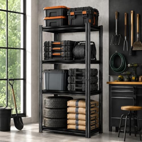Metal Garage Shelving Unit, Heavy Duty Adjustable Storage Shelves, Steel Shelving, 2000 lbs Capacity Shelves for Heavy Tools and Equipment, 4 Tier, 13.8" W × 11.8" D × 44.1" H