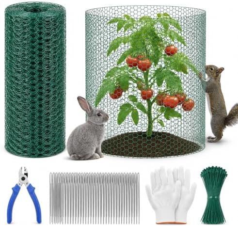Plant Protectors from Animals, 0.85mm Free-Cut Green Chicken Wire Mesh, PVC Coated Tree Trunk Guard & Garden Fence for Outdoor Plants with Zip Ties, Stakes, Pliers, Gloves (16.4Ft*16In(16x 197 Inch))