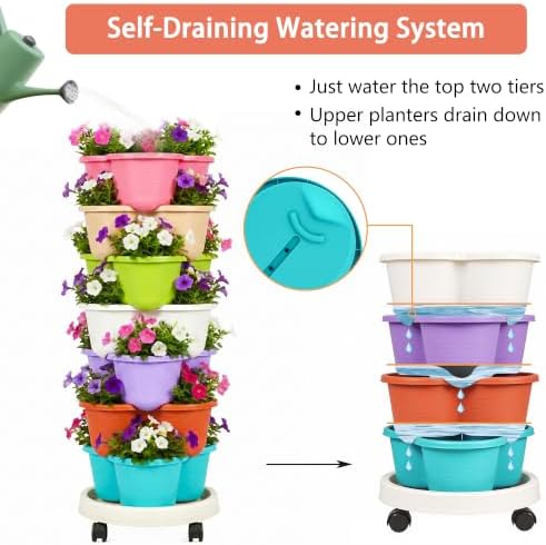 VECELO 7 Tier Vertical Garden Planter, Self Watering Stackable Planters with Wheels for Strawberries, Herbs, Flowers, Vegetables, Multicolor