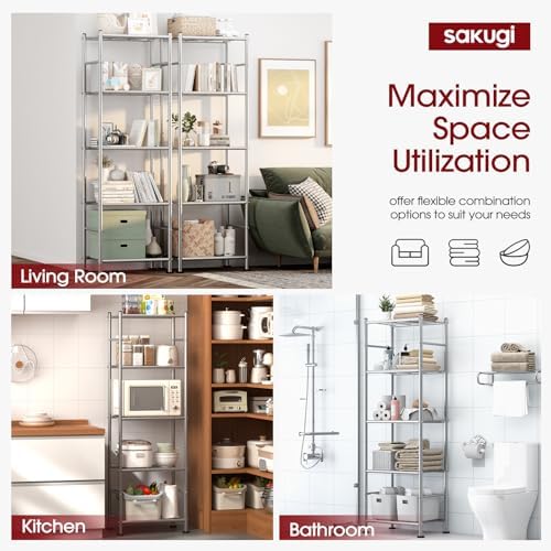 Sakugi Storage Shelves - Set of 2, 5-Tier Metal Shelf Organizer, Space-Saving Garage Shelving with Leveling Feet, Standing Shelves Organizer for Kitchen, Laundry, Pantry (18.4"x12.6"x57.4", Silver)