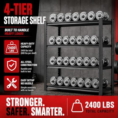 Garage Shelving, 2400 LBS Heavy Duty Metal Storage Shelves, 4-Tier Adjustable Storage Rack for Garage, Warehouse, Basement, 14" Wx 12" Dx 44.1" H
