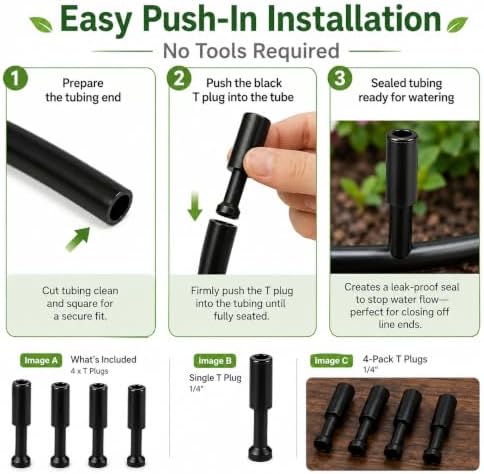 4-Pack 1/4 Inch Drip Irrigation T Plugs for Watering Kits