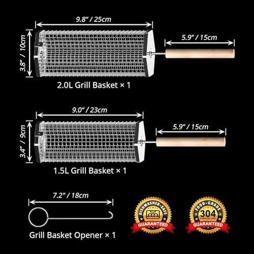 ivtivfu Rolling Grill Baskets, Removable Wooden Handle, Nesting BBQ Tools