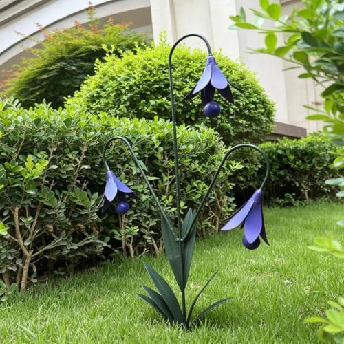 Triple Bluebells Garden Stake with Bell, Durable Metal Flower Outdoor Yard Decoration, Weather Resistant Rustic Handmade Metal Flower Garden Stake for Walkways Patios Lawn, Spring Pathway (Blue)
