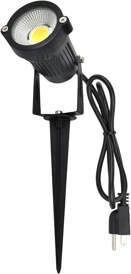GSS6005 LED Landscape Spotlights Outdoor Plug in Light 5W, 120V AC, 3000K Warm, Metal Construction with Ground Stake, Outdoor and Indoor Use, 3-ft Cord with Plug, Black