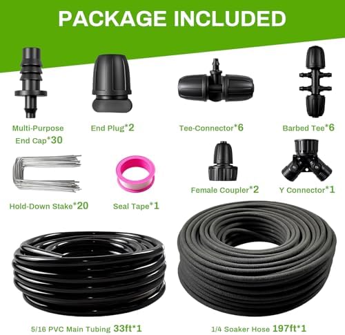 Upgraded 230FT Drip Irrigation System with 1/4" Soaker Hose -Weeping Technology for Deeper Root Watering,Garden Watering System for Raised Beds, Greenhouse, Lawn - Save Water