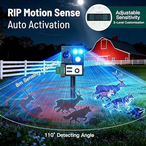 2-Pack Solar Animal Repeller Outdoor, Motion Activated Yard Guard Ultrasonic Deer Repellent Devices for Rabbits, Raccoons & Squirrels, Flashing Light & IP44 Waterproof Garden Animal Control