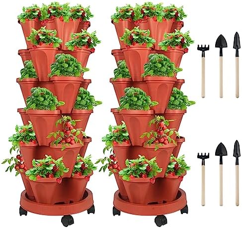 GameXcel Vertical Planter Tower - 6 Tier Stackable Garden Planters with Wheels and Tools Plant Pots for Strawberry Herb Flower and Vegetable Indoor Outdoor Use Red 2 Pack