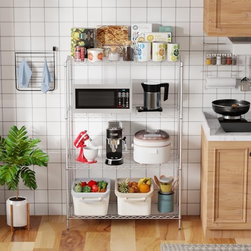 PayLessHere 4 Tier Shelving Unit 13.4" D×35" W×53.7" H Metal Shelving Standing Storage Shelf with 4 Steel Frame Adjustable Layer Racks Metal Commercial Shelf for Kitchen, Garage (Chrome)