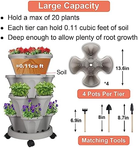 GameXcel Vertical Planter Tower - 4 Tier Stackable Garden Planters with Wheels and Tools Plant Pots for Strawberry Herb Flower and Vegetable Indoor Outdoor Use Gray