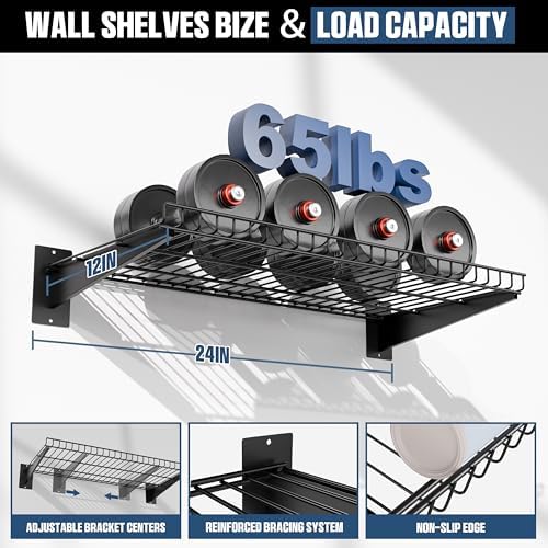 Garage Wall Shelving 24"x12" 4-Pack, Wire Wall Shelves, Black