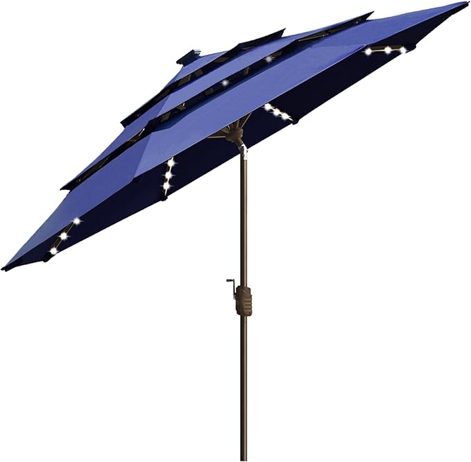 EliteShade USA 10-Year-Non-Fading Solar 9ft 3 Tiers Market Umbrella with 80 LED Lights Patio Umbrellas Outdoor Table with Ventilation,Navy Blue
