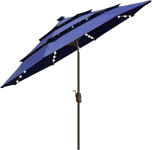 EliteShade USA 10-Year-Non-Fading Solar 9ft 3 Tiers Market Umbrella with 80 LED Lights Patio Umbrellas Outdoor Table with Ventilation,Navy Blue