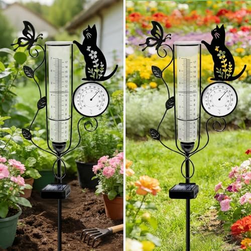 YJFWAL Metal Cat Solar Rain Gauge Outdoor with LED Light and Thermometer