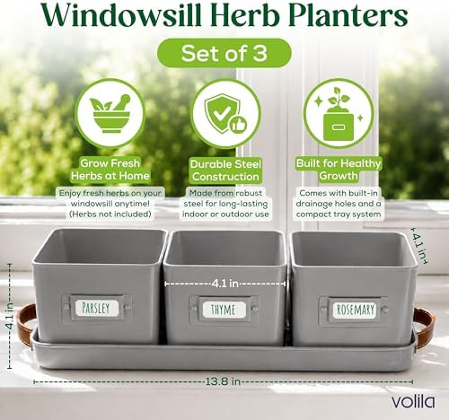 volila Herb Planter Indoor - Set of 3 Grey Indoor Herb Garden Pots for Plants with Leather Handled Tray - Window Sill Plant Shelf - Herb Pots with Drainage Holes and Labels