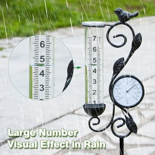 32" Garden Rain Gauge with Thermometer - 7" Glass Tube for Outdoor Indoor Use, Patio Yard Decor Statue