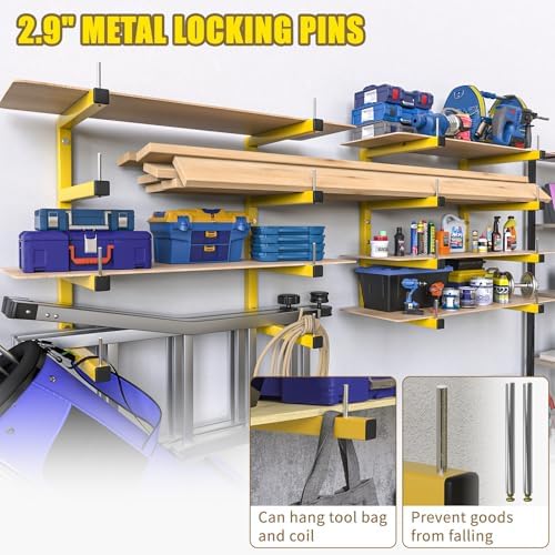 2-Pack Lumber Storage Rack, Wood Storage Racks Wall Mount, Heavy Duty Garage Wood Organizer with 4-Level System, Yellow Utility Rack Organization Up 800 Lbs, Metal Lumber Shelf for Indoor and Outdoor
