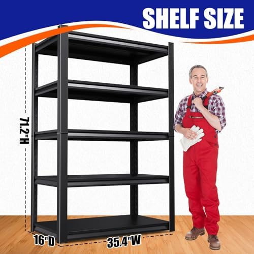 71.2" H Garage Shelving Heavy Duty Storage Shelves, Metal Adjustable Shelving Unit, Utility Garage Organizer Shelf for Basement, Pantry, Kitchen, Warehouse,15.7" Dx35.4 Wx71.2 H, Black