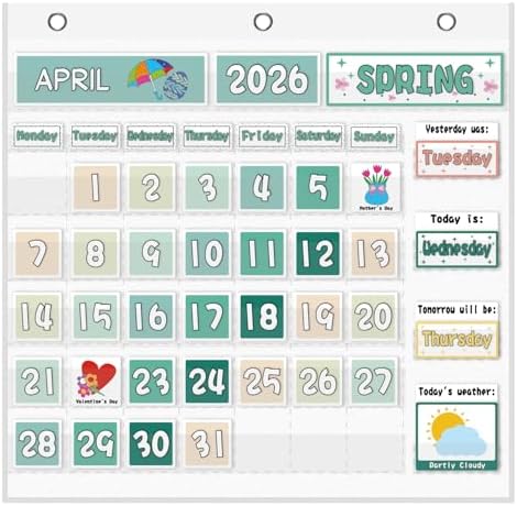 Mewise Classroom Calendar Pocket Chart for Wall, Weather Pocket Chart for Kids, Groovy Classroom Decor Set Includes 126 Cards, Hanging Display for School, Homeschool, Kindergarten, Bulletin Board (White)