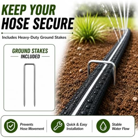 Sprinkler Soaker Hose 25 ft, Flat Watering Hose with Holes, Water Saving Drip Line Irrigation Hoses with Garden Staples for Lawn, Vegetable Garden Beds (25 ft)
