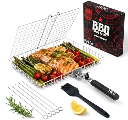 SHIZZO Grill Basket Gift Set with Skewers, Basting Brush, Gift Box