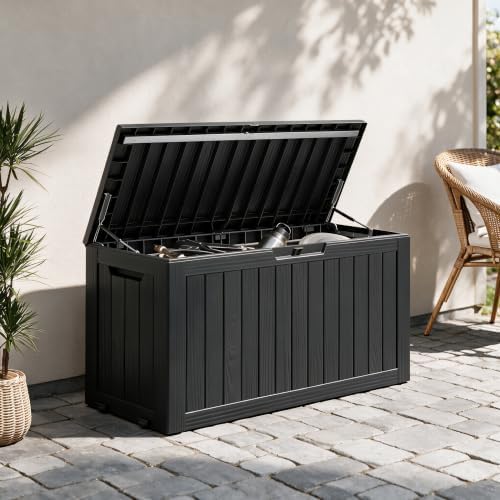 92 Gal Deck Box,Waterproof Resin Outdoor Storage Gas Lift,Lockable Black