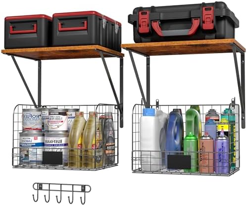 ThreeHio 2 Pack Garage Shelves Wall Mounted with Wire Storage baskets, Heavy Duty Garage Wall Shelving with Hooks, Wooden floating shelves Tool Organizer for Home Garden Garage Organizers and Storage