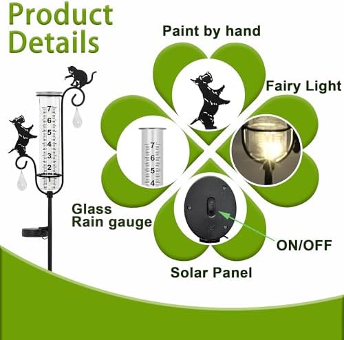 33" Solar Garden Rain Gauge - 7" Glass Tube for Outdoor Indoor Use, Patio Yard Decor Statue,Metal Dog & Cat Rain Gauge.