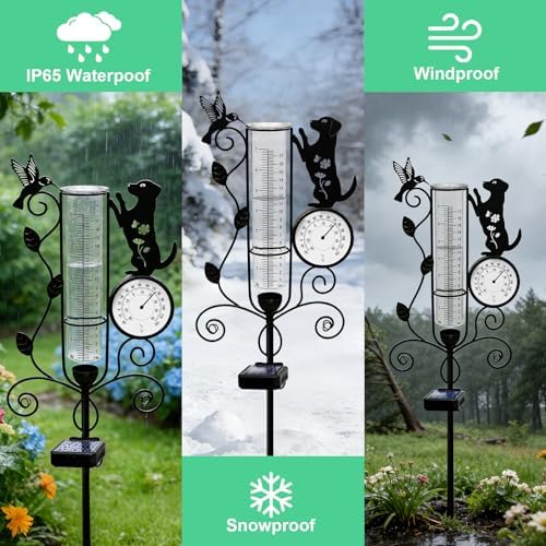 YJFWAL Metal Dog Solar Rain Gauge Outdoor with LED Light and Thermometer