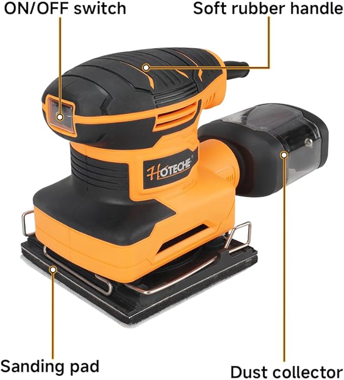 Hoteche 240W 110x100mm Palm Sander – Powerful Orbital Electric Sander with Dust Collection Box, Ergonomic Grip, Variable Speed for Wood, Metal, Paint Surface Finishing
