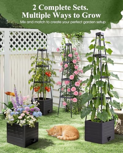4 Pack Raised Garden Bed Planter Box with Trellis, 57" Self-Watering Tomato Cage Planters for Climbing Plants Vegetable Vine Flowers Outdoor & Indoor (57x9.8x9.8IN)