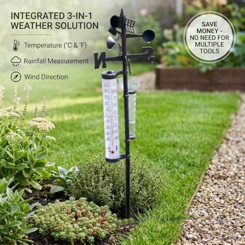 3 in 1 Outdoor Weather Station Garden Thermometer Rain Wind Indicator with Fahrenheit Celsius Display Stake for Yard Courtyard.