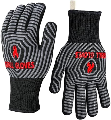 QUWIN BBQ Gloves, 1472°F Heat Resistant Grilling Gloves Silicone Non-Slip Oven Mitts, Kitchen Gloves for BBQ, Grilling, Cooking, Baking(One Size Fits Most, Black)- 1 Pair