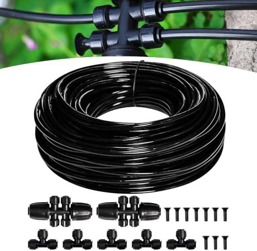 Maotong 100FT 1/4 inch New Quick-Connect Drip Irrigation Kit Distribution Hose Tubing for Garden Irrigation System (Includes 2 Pcs 6-Way Connector, 5 Pcs 1/4" Tee and 10 Pcs End Plugs)
