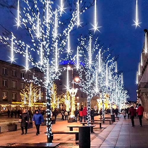 Meteor Shower Rain Lights with 16 Tubes 384 LEDs Waterproof Icicle Snow Fall String Lights for Party Tree Home Patio Outdoor Decoration (16 Tubes, White)
