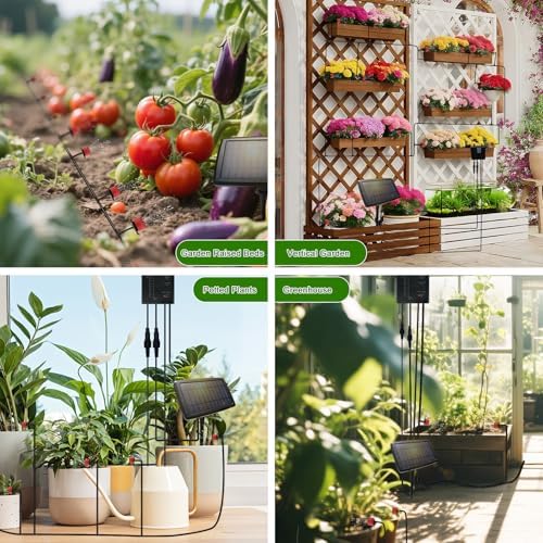 Solar Drip Irrigation System for Garden, Automatic Drip Irrigation Kit with 33FT Tubing, Solar Powered Plant Watering Device for Potted Plants, Vacation, Outdoor No Wiring Needed (10 Pots)