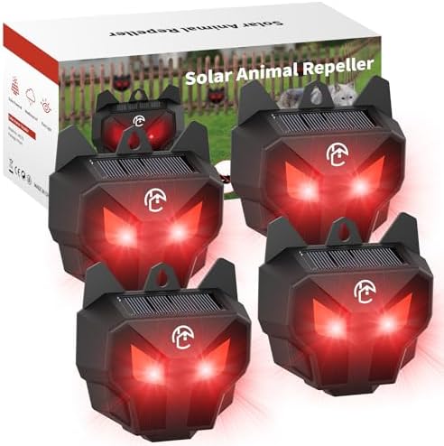 Solar Nocturnal Animal Repeller with Red LED Flashing Lights – Effective Coyote, Raccoon, Skunk, Deer & Hawk Deterrent – Waterproof Predator Lights for Yards, Gardens & Chicken Coops