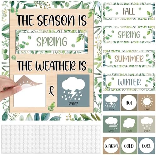 Eucalyptus Leaves Season and Weather Calendar Bulletin Board Season Calendar Posters with Weather Cards Hook and Loop Dots for Classroom Wall Decor Preschool Kindergarten Student Teacher Supplies