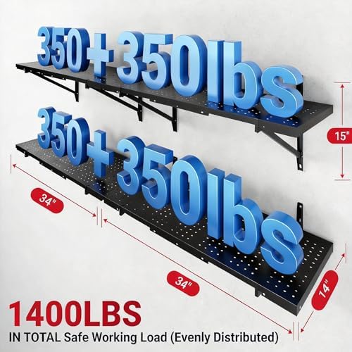 FLEXIMOUNTS 2-Pack 1x6ft Perforated Garage Wall Shelving, 1400lbs, Black