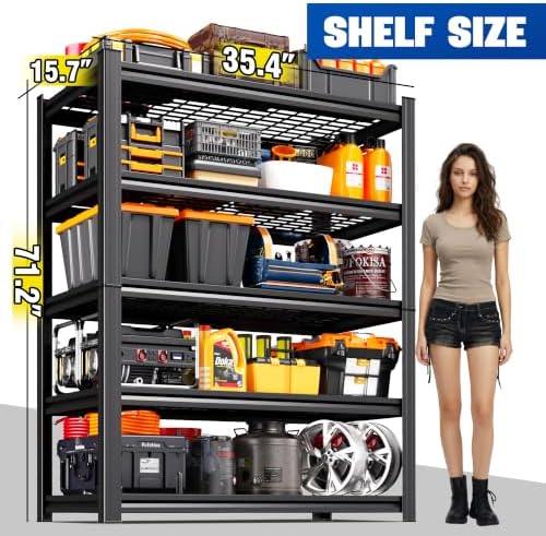 6 Pack Garage Shelving 5-Tier Heavy Duty Storage Shelves, Tool-Free Adjustable Metal Shelf Unit, Utility Organizer Rack for Basement, Pantry, Kitchen, Warehouse, 15.7" Dx35.4 Wx71.2 H, Black